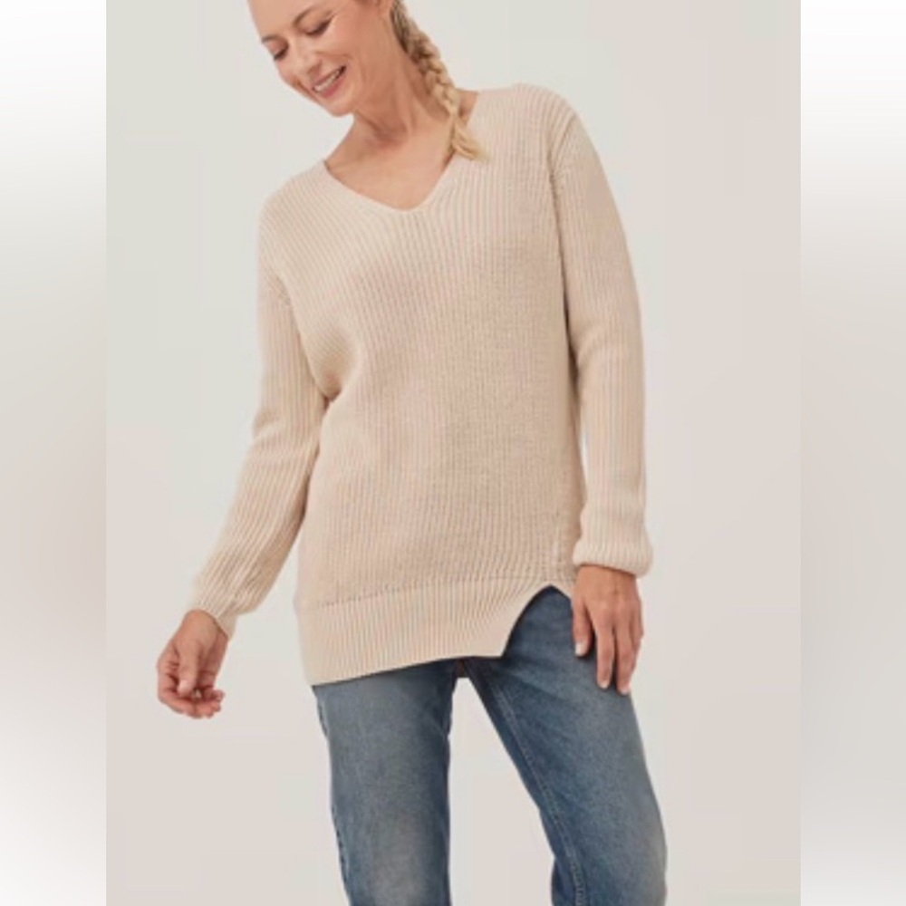 Pact Double V-Neck Longline Ribbed Tunic Sweater, Sandshell Beige Organic Cotton